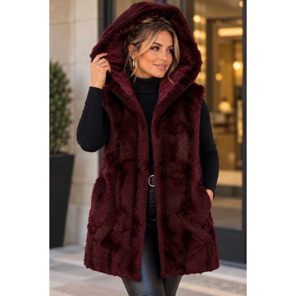 Vintage Rex Rabbit Fur Vest Womens XL Burgundy Reversible Hooded Boho Streetwear